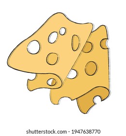 Appetizing beautiful piece of yellow hard royal cheese with big holes. Slicing cheese for a beer, wine plate. Simple icon with food for menu, brochure, website, advertising. Hand drawing, doodle, flat