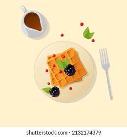 Apetitoso gofre belga con moras y bayas. La ilustración es adecuada para menús, publicidad, banners.