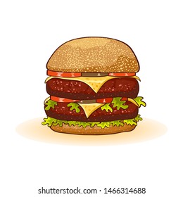 Appetizing big double cheeseburger with beef patties or steak, cheese, tomatoes, pickles, lettuce, sauce, mayo, onions, mustard nested on freshly toasted bun, decorated sesame seeds on top. Fast food.