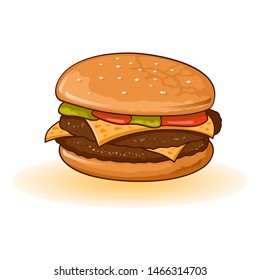 Appetizing big double cheeseburger with beef patties or steak, cheese, tomatoes, pickles, lettuce, sauce, mayo, onions, mustard nested on freshly toasted bun, decorated sesame seeds on top. Fast food.