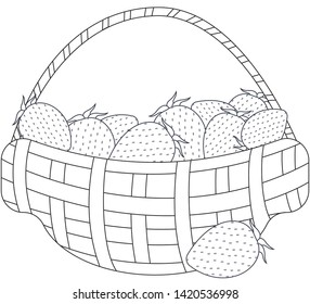 Appetizing black and white fresh strawberries in a basket. One berry lies ahead. Coloring page. Vector.