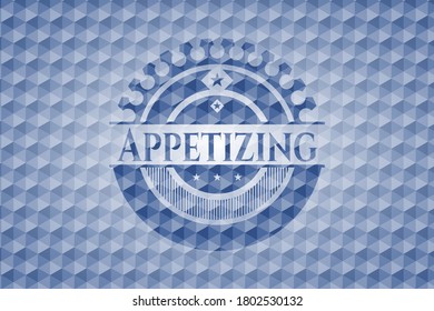 Appetizing blue emblem or badge with geometric pattern background. Vector Illustration. Detailed. 