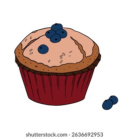 Appetizing blueberry muffin sweet baked dessert confectionery with paper cup Baked sweet treats dessert. Outline food art pastry