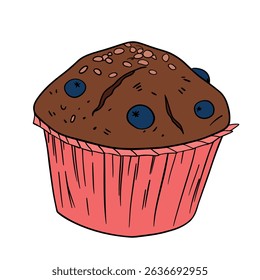 Appetizing blueberry muffin sweet baked dessert confectionery with paper cup Baked sweet treats dessert. Outline food art pastry