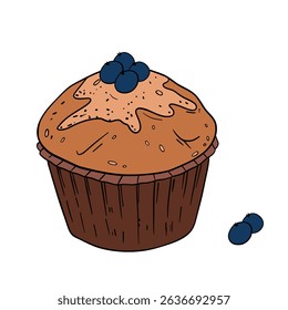 Appetizing blueberry muffin sweet baked dessert confectionery with paper cup Baked sweet treats dessert. Outline food art pastry