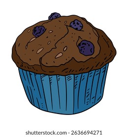 Appetizing blueberry muffin sweet baked dessert confectionery with paper cup Baked sweet treats dessert. Outline food art pastry