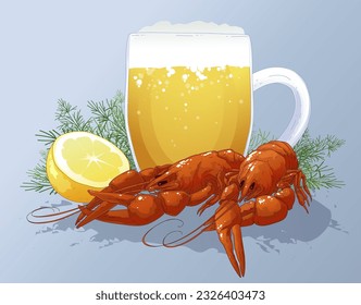 Appetizing boiled crayfish and a mug of beer. Vector illustration