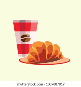 Appetizing breakfast. Coffee in a red paper glass and a plate with a croissant on a yellow background. Isolated illustration for banner and menu. Vector