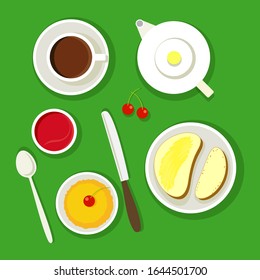 Appetizing breakfast on the table, vector flat illustration