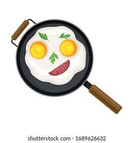 Appetizing Breakfast with Scrambled Eggs and Wurst Slice Arranged in Face Above View Vector Illustration