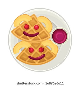 Appetizing Breakfast with Triangle Waffles and Berries Arranged in Face Above View Vector Illustration