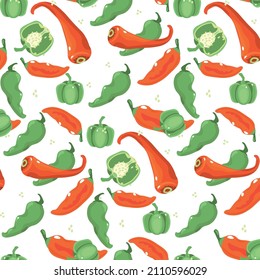 Appetizing and bright seamless pattern of red hot chili and green peppers on a white background