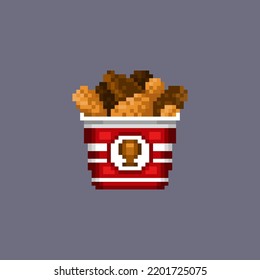 An appetizing bucket of breaded fried chicken. Tasty american food in old pixel style for video game, sketchbook, stickers. 8-bit yummy high-calorie fast food. Cute beautiful simple illustration.