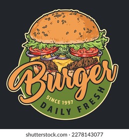 Appetizing burger vintage colorful emblem with fresh hamburger cooked in traditional American cafe with fast food menu vector illustration