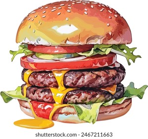 Appetizing Burger in Watercolor Aquarelle Style