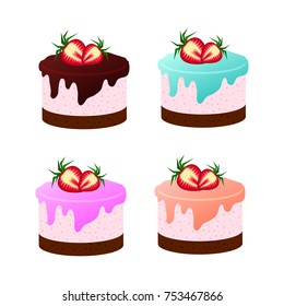 Appetizing cake set with strawberries and different types of glaze. Vector illustration.