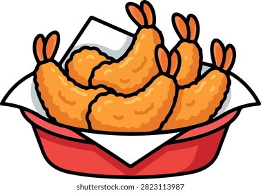 An appetizing cartoon drawing featuring multiple golden-brown breaded shrimp, ready to eat, presented in a vibrant red container.
