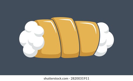 Appetizing cartoon illustration of a golden baked cream roll pastry filled with delicious fluffy white cream.