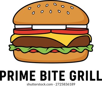 Apetitoso diseño de logotipo de ilustración de dibujos animados para la Ilustración vectorial de restaurante Prime Bite Grill