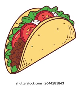 An appetizing, cartoon-style taco featuring ground beef, fresh lettuce, sliced tomatoes, and onions inside a crisp shell. The isolated image has a clean white backdrop.