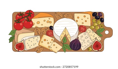 Apetitoso tablero de queso con varios quesos como brie y gouda junto con tomates cherry, nueces, aceitunas e higos.