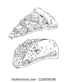 Appetizing cheese pizza and taco with meat and vegetable filling. Fast food or takeaway monochrome illustration set for advertising or snack bar menu.