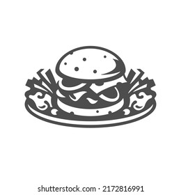 Appetizing cheeseburger with french fries on serving plate fast food combo restaurant menu vintage icon vector illustration. Fresh cooked tasty hamburger with frying potato unhealthy meal snack