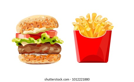 Appetizing cheeseburger and French fries in a red bag. Fast food. Isolated Vector Illustration