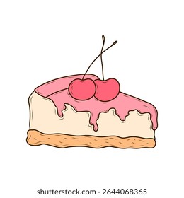 Apetitoso cheesecake com esmalte rosa e cerejas doces no topo. Ilustração vetorial em estilo cartoon sobre fundo branco. Doce doce e sobremesa saborosa para cardápio, café, receitas, padaria, confeito