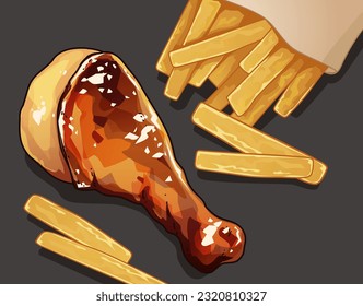 Appetizing chicken and french fries. Baked barbecue. Vector illustration. 