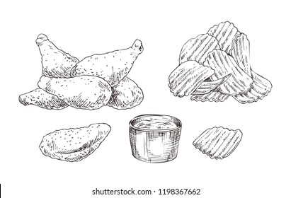 Appetizing chicken nuggets and crispy wavy potato chips with dipping sauce jar sketch style illustration. Monochrome icon set for lunchroom promo vector