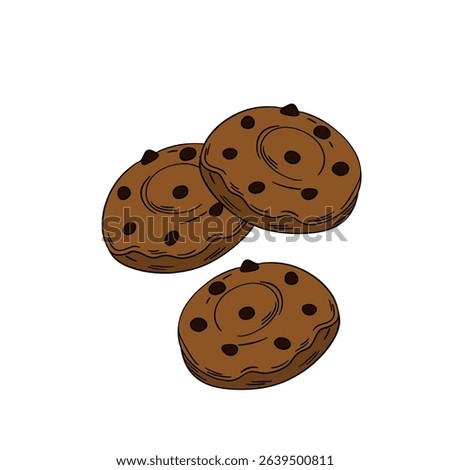 Appetizing chocolate chip cookies sweet baked dessert confectionery. Outline food art pastry