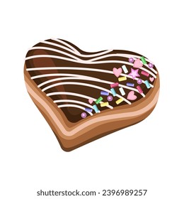 Appetizing chocolate donut in the shape of a heart, isolated on a white background. Vector dessert for designs for Valentine's Day, restaurant menus, textiles.