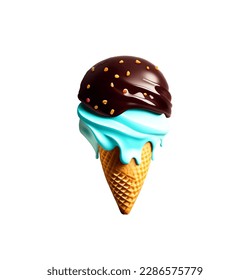 Appetizing chocolate ice cream in a waffle cup on a white background. Vector illustration
