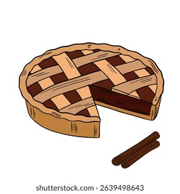 Appetizing cinnamon pie sweet baked dessert confectionery. Outline food art pastry
