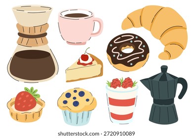 Apetitivo Café e pastelaria conjunto com derramar sobre cafeteira, croissant e sobremesas. Elementos de padaria: rosquinha de chocolate, muffin de mirtilo, cheesecake e maconha de moka. Ícones de café bonito para design de menu.