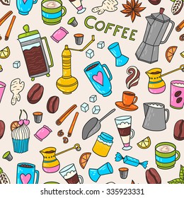 Appetizing coffee time texture pattern background with cups, pots, cacao and coffee beans and sweets.