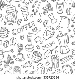 Appetizing coffee time texture pattern background with cups, pots, cacao and coffee beans and sweets.