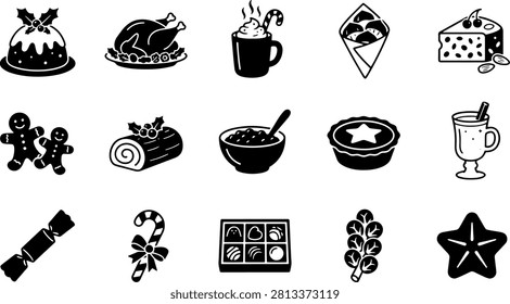 Appetizing collection of christmas food items featuring pudding roast turkey hot cocoa gingerbread cookies yule log porridge mince pie mulled wine candy crackers chocolates and sprouts. High quality vector graphics for menus and holiday design.