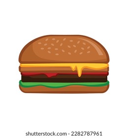 Appetizing colorful burger. Hearty bread snack with cheese meat and vegetable layer to quickly satisfy vector hunger