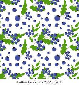 Appetizing and colorful pattern with blueberry branches and green leaves. Ideal for textiles
