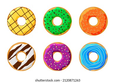 Appetizing colorful tasty donut set isolated on white background. Glazed doughnuts top view collection for cake cafe decoration or menu design. Delicious sweet bakery. Vector flat eps illustration