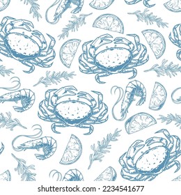 Apetitosos mariscos de patrón monocromo sin soldadura de cangrejos para el almuerzo o la cena en un restaurante con ilustración vectorial de camarón y limón o romero