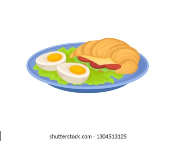 Appetizing croissant sandwich, two halves of boiled egg and lettuce leaves. Tasty morning food. Flat vector icon