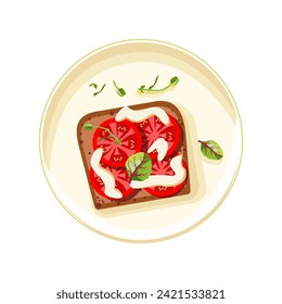 Appetizing crouton with pieces of tomato and mayonnaise on a porcelain plate. Lettuce leaves on toast. Healthy food for dinner. Self care. Vector illustration