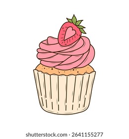 Appetizing cupcake with pink cream and sweet strawberries on top. Vector illustration in cartoon style on white background. Tasty, cute dessert and sweet pastry for menu, cafe, recipes, bakery