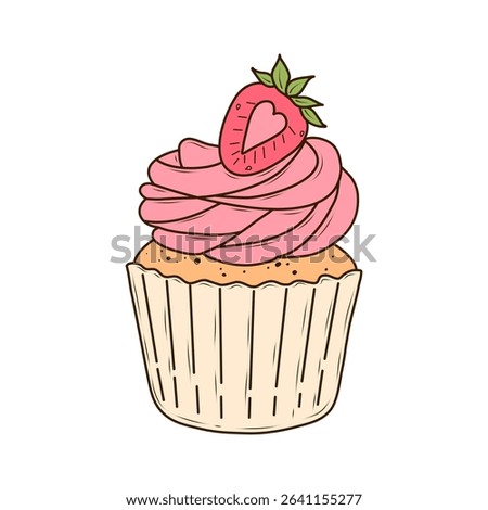 Appetizing cupcake with pink cream and sweet strawberries on top. Vector illustration in cartoon style on white background. Tasty, cute dessert and sweet pastry for menu, cafe, recipes, bakery