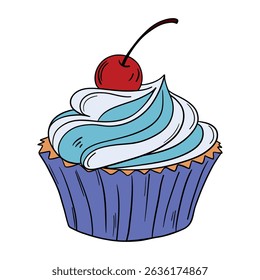 Appetizing cupcake sweet baked dessert confectionery with paper cup, cream, muffin  and cherry on top. Outline food art pastry