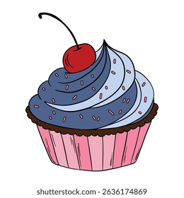 Appetizing cupcake sweet baked dessert confectionery with paper cup, cream, muffin  and cherry on top. Outline food art pastry
