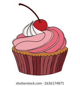 Appetizing cupcake sweet baked dessert confectionery with paper cup, cream, muffin  and cherry on top. Outline food art pastry